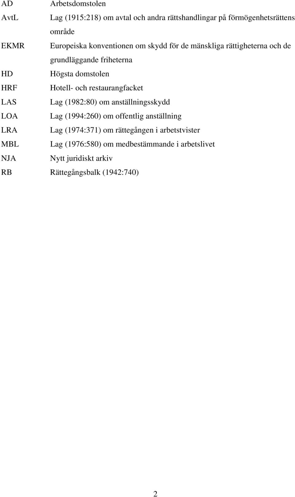 restaurangfacket LAS Lag (1982:80) om anställningsskydd LOA Lag (1994:260) om offentlig anställning LRA Lag (1974:371) om