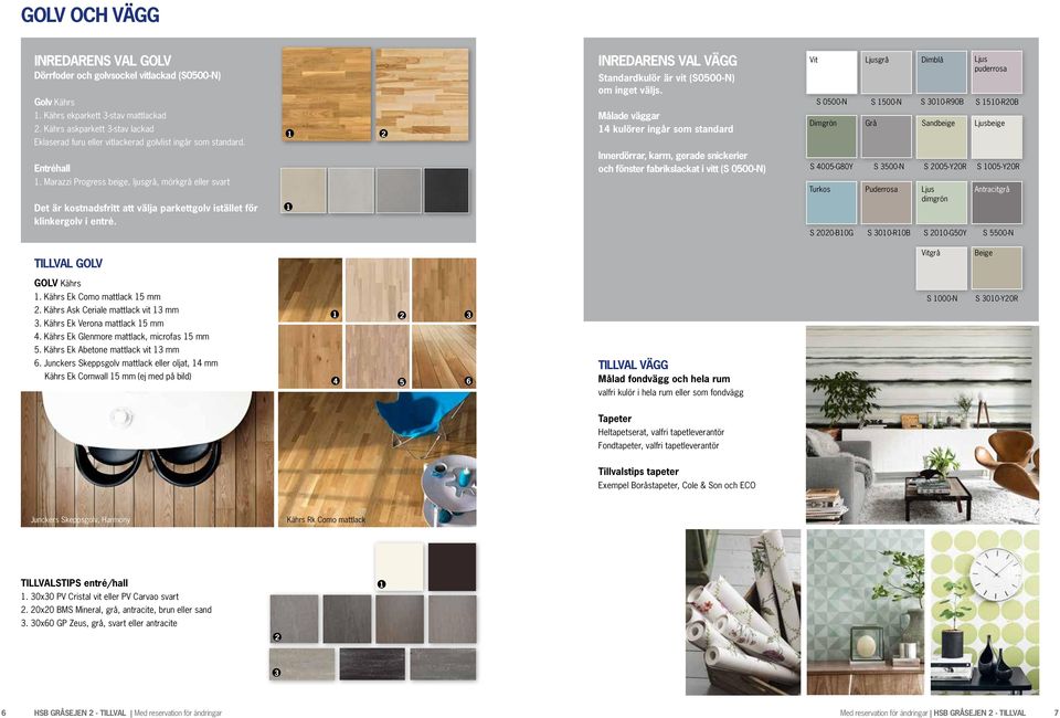 Marazzi Progress beige, ljusgrå, mörkgrå eller svart Det är kostnadsfritt att välja parkettgolv istället för klinkergolv i entré. INREDARENS VAL VÄGG Standardkulör är vit (S000-N) om inget väljs.