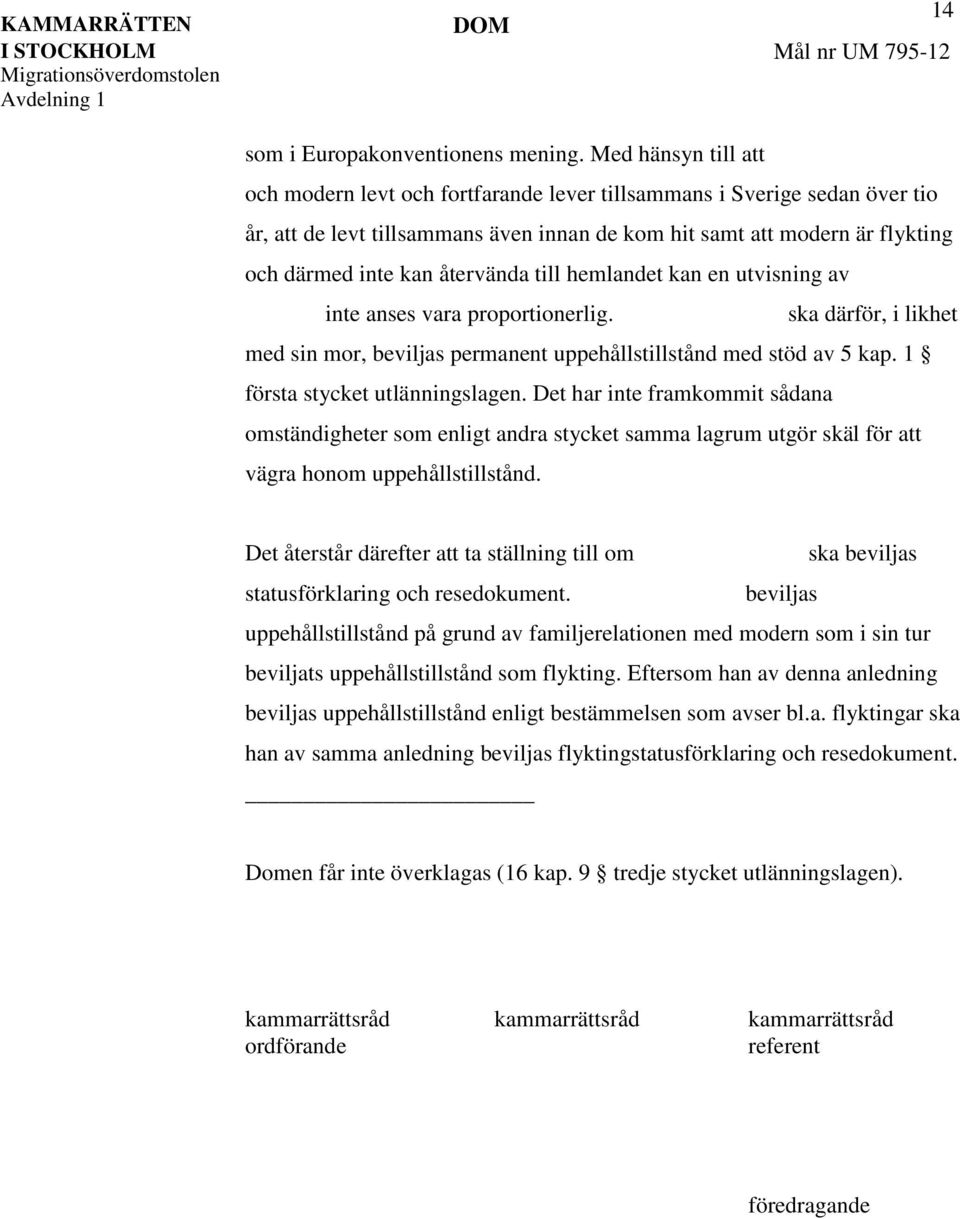 återvända till hemlandet kan en utvisning av inte anses vara proportionerlig. ska därför, i likhet med sin mor, beviljas permanent uppehållstillstånd med stöd av 5 kap.