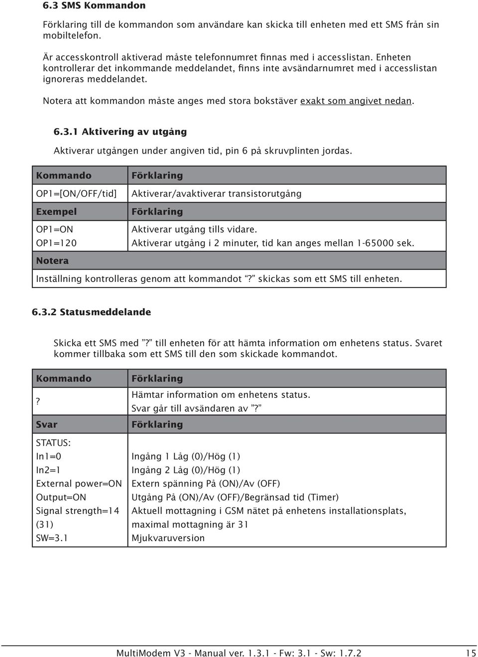 1 Aktivering av utgång Aktiverar utgången under angiven tid, pin 6 på skruvplinten jordas. OP1=[ON/OFF/tid] OP1=ON OP1=120 Aktiverar/avaktiverar transistorutgång Aktiverar utgång tills vidare.