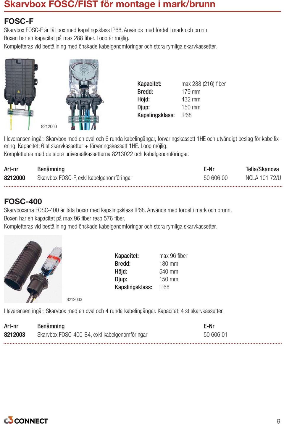 Kapacitet: Bredd: Kapslingsklass: max 288 (216) fiber 179 mm 432 mm 150 mm IP68 8212000 I leveransen ingår: Skarvbox med en oval och 6 runda kabelingångar, förvaringskassett 1HE och utvändigt beslag