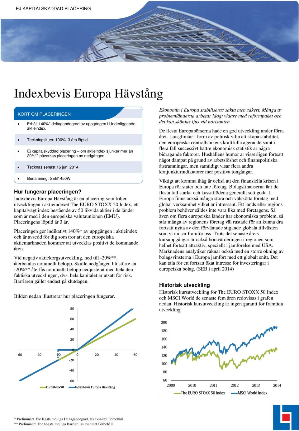 Indexbevis Europa Hävstång är en placering som följer utvecklingen i aktieindexet The EURO STOXX 50 Index, ett kapitalvägt index bestående av 50 likvida aktier i de länder som är med i den europeiska