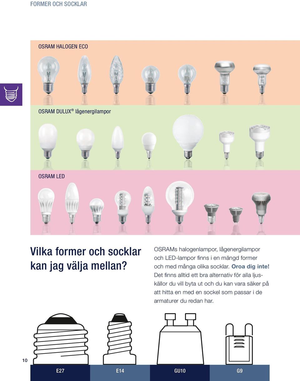 OSRAMs halogenlampor, lågenergilampor och LED-lampor finns i en mängd former och med många olika socklar.