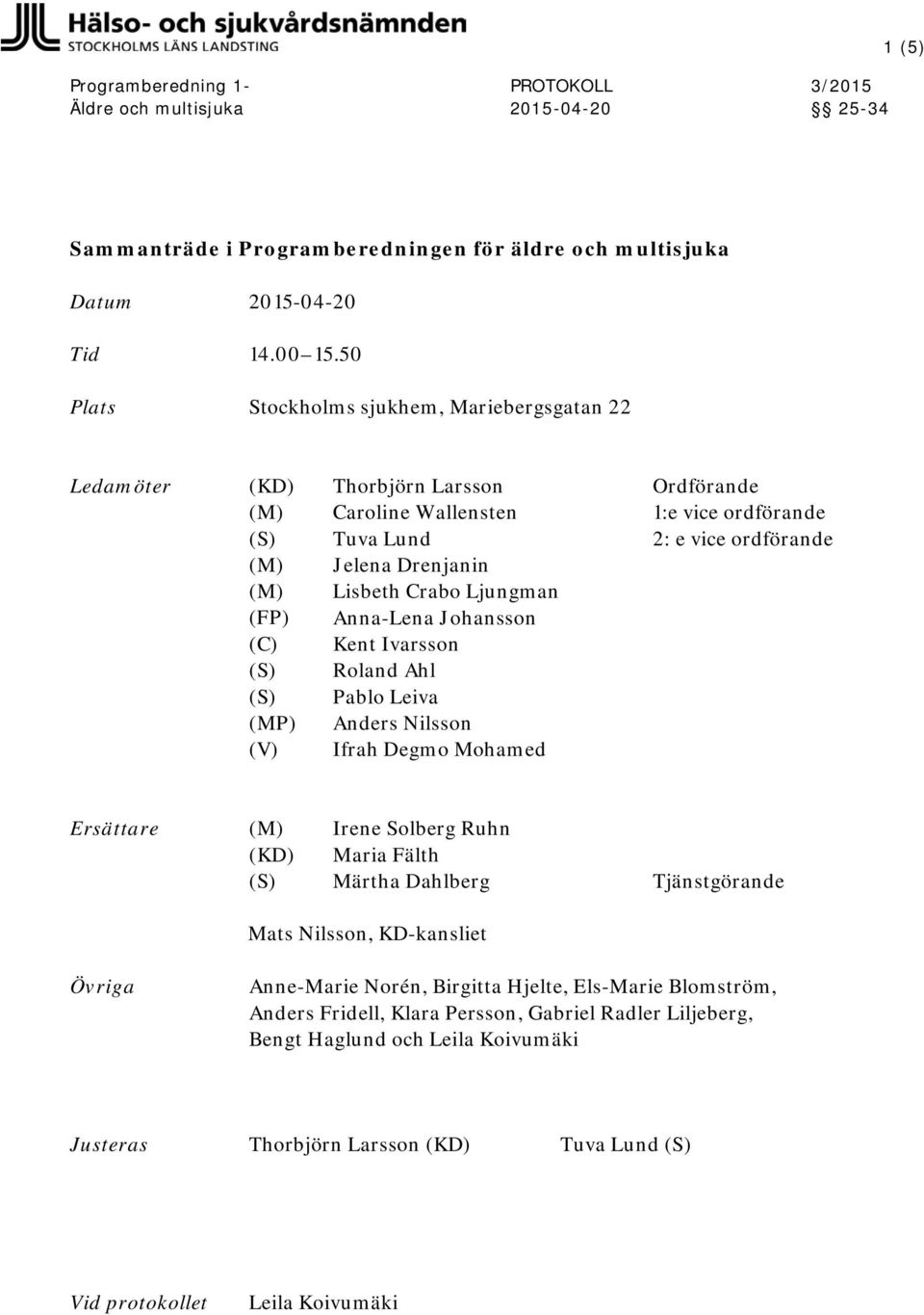 Lisbeth Crabo Ljungman (FP) (C) Anna-Lena Johansson Kent Ivarsson (MP) (V) Roland Ahl Pablo Leiva Anders Nilsson Ifrah Degmo Mohamed Ersättare (KD) Irene Solberg Ruhn Maria Fälth