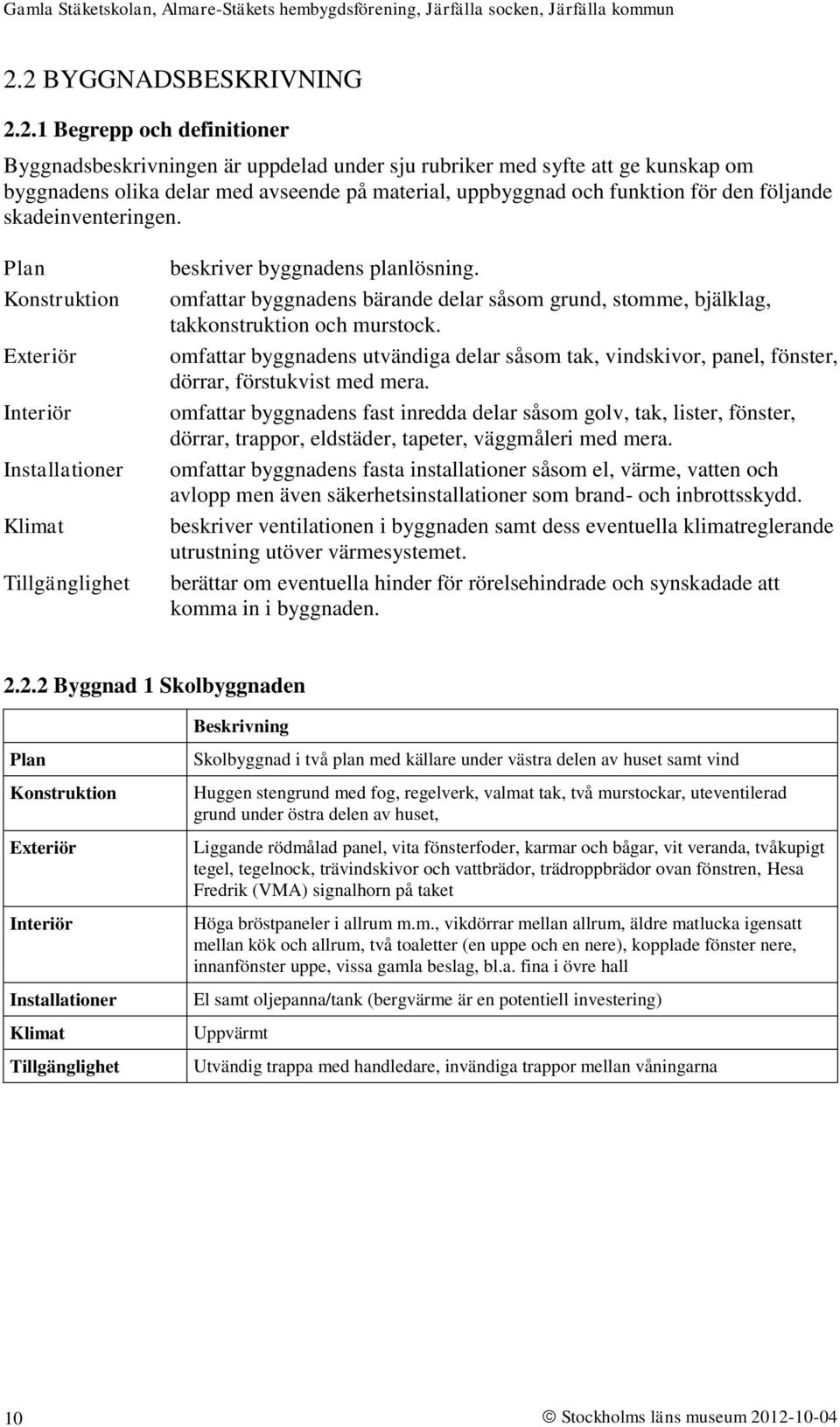 omfattar byggnadens bärande delar såsom grund, stomme, bjälklag, takkonstruktion och murstock. omfattar byggnadens utvändiga delar såsom tak, vindskivor, panel, fönster, dörrar, förstukvist med mera.