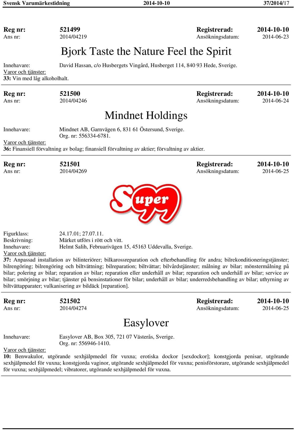 Reg nr: 521500 Registrerad: 2014-10-10 Ans nr: 2014/04246 Ansökningsdatum: 2014-06-24 Mindnet Holdings Mindnet AB, Garnvägen 6, 831 61 Östersund, Sverige. Org. nr: 556334-6781.