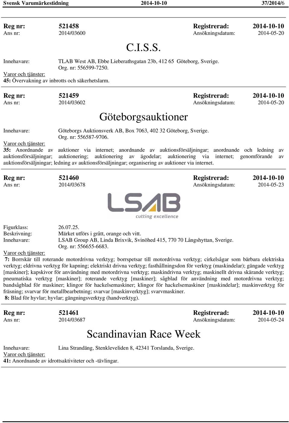 Reg nr: 521459 Registrerad: 2014-10-10 Ans nr: 2014/03602 Ansökningsdatum: 2014-05-20 Göteborgsauktioner Göteborgs Auktionsverk AB, Box 7063, 402 32 Göteborg, Sverige. Org. nr: 556587-9706.