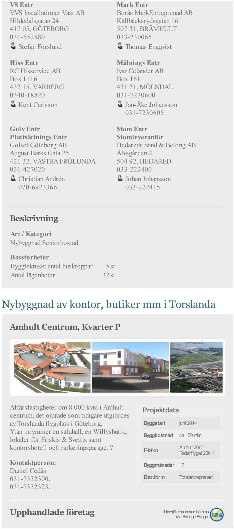 Målnings Entr Ivar Celander AB Box 161 431 21, MÖLNDAL 031-7230600 Jan-Åke Johansson 031-7230605 Stom Entr Stomleverantör Hedareds Sand & Betong AB Älvsgården 2 504 92, HEDARED 033-222400 Johan