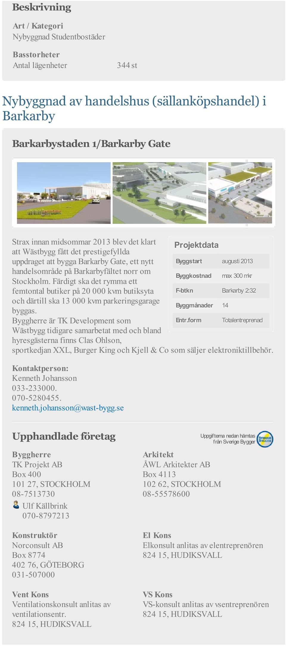 Färdigt ska det rymma ett Byggkostnad max 300 mkr femtontal butiker på 20 000 kvm butiksyta F-btkn Barkarby 2:32 och därtill ska 13 000 kvm parkeringsgarage byggas.