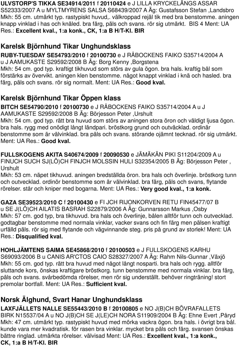 BIR Karelsk Björnhund Tikar Unghundsklass RUBY-TUESDAY SE54793/2010 f 20100730 e J RÅBOCKENS FAIKO S35714/2004 A u J AAMUKASTE S29592/2008 B Äg: Borg Kenny,Borgstena Mkh: 54 cm. god typ.