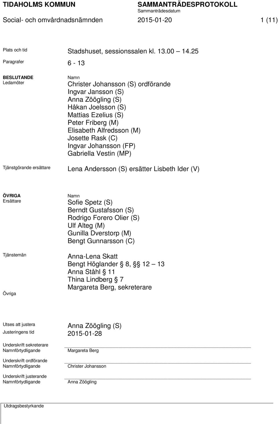 Elisabeth Alfredsson (M) Josette Rask (C) Ingvar Johansson (FP) Gabriella Vestin (MP) Lena Andersson (S) ersätter Lisbeth Ider (V) ÖVRIGA Ersättare Tjänstemän Övriga Namn Sofie Spetz (S) Berndt