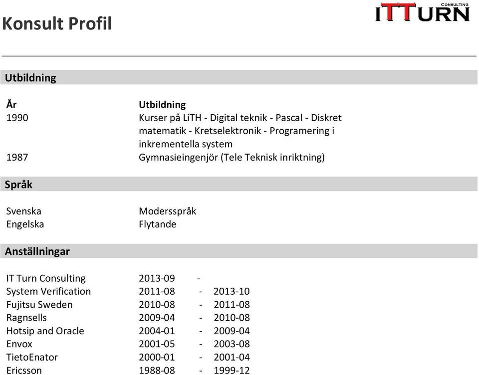 Anställningar IT Turn Consulting 2013-09 - System Verification 2011-08 - 2013-10 Fujitsu Sweden 2010-08 - 2011-08 Ragnsells