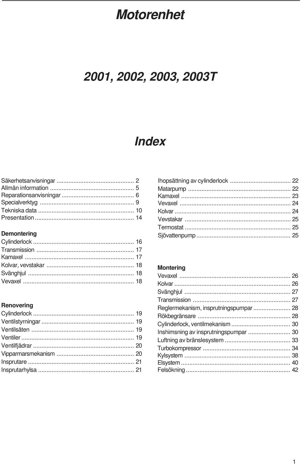 .. 19 Ventiler... 19 Ventilfjädrar... 20 Vipparmarsmekanism... 20 Insprutare... 21 Insprutarhylsa... 21 Ihopsättning av cylinderlock... 22 Matarpump... 22 Kamaxel... 23 Vevaxel... 24 Kolvar.