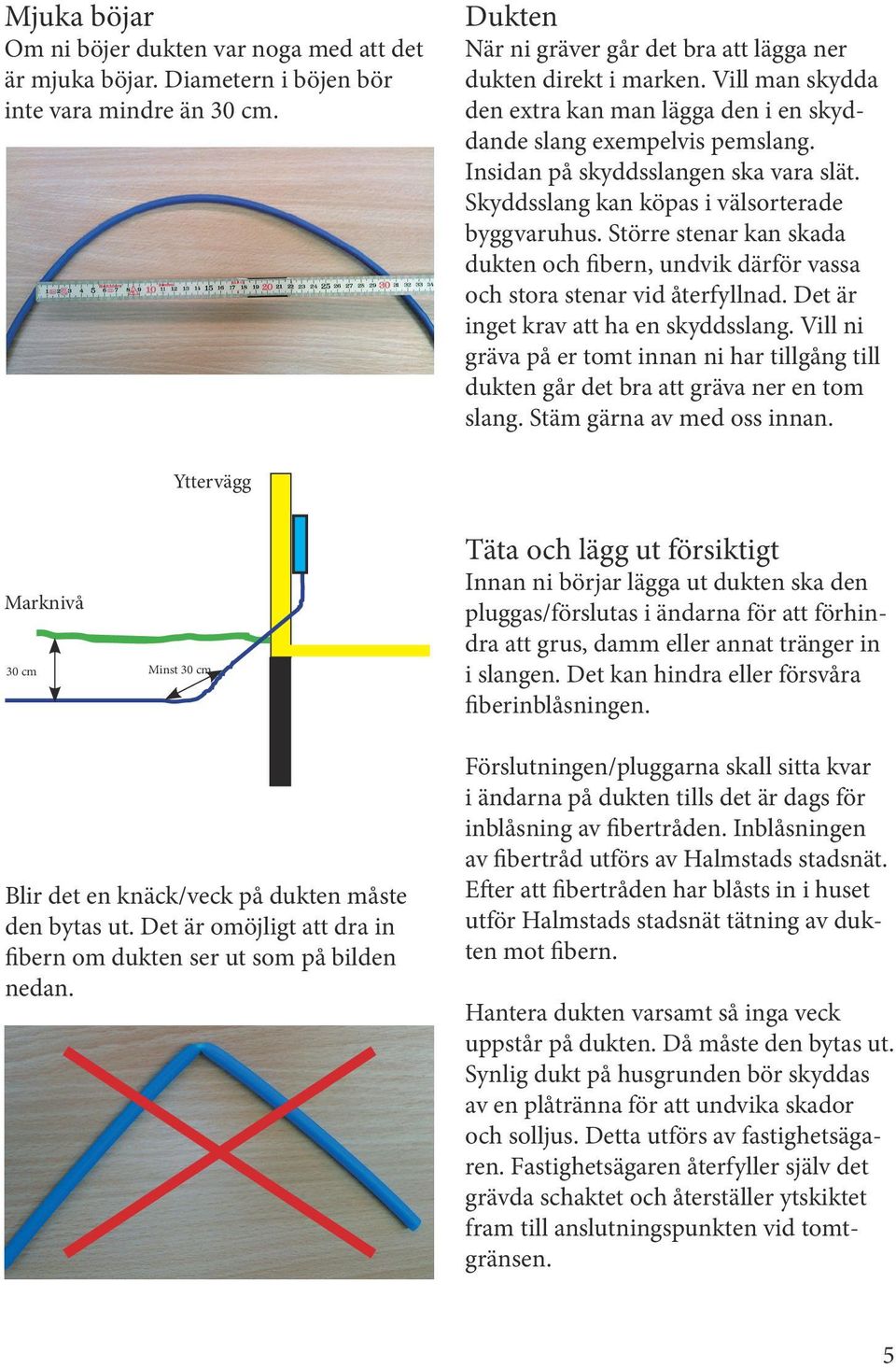 Större stenar kan skada dukten och fibern, undvik därför vassa och stora stenar vid återfyllnad. Det är inget krav att ha en skyddsslang.