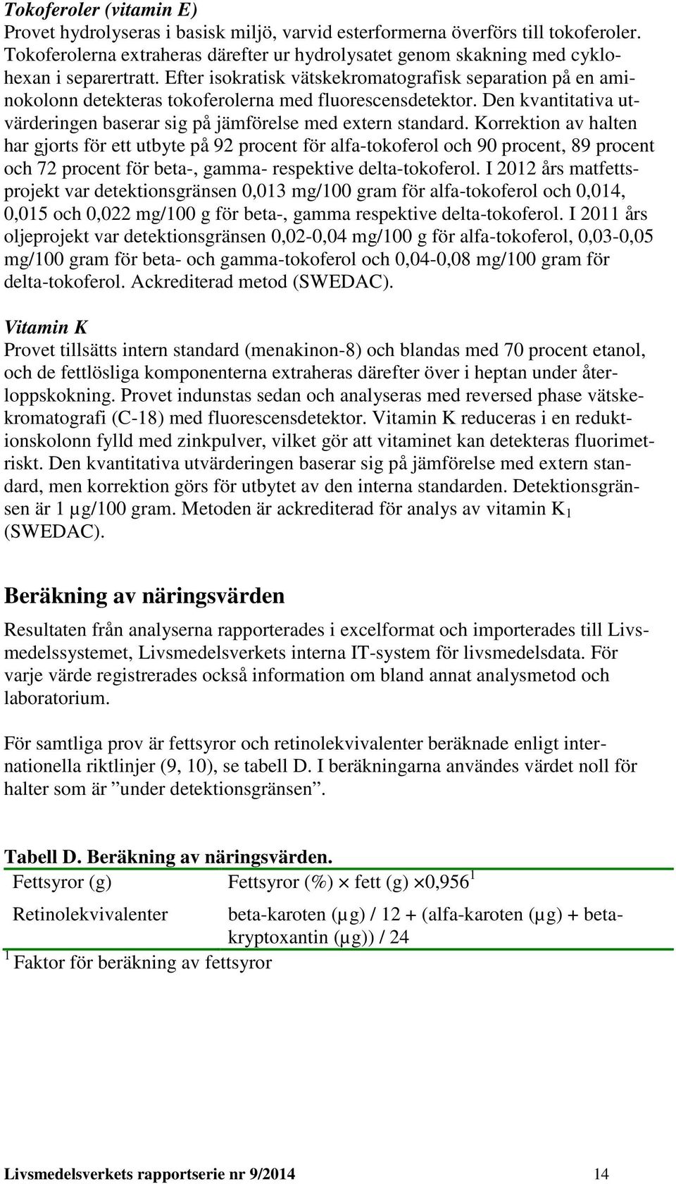 Efter isokratisk vätskekromatografisk separation på en aminokolonn detekteras tokoferolerna med fluorescensdetektor. Den kvantitativa utvärderingen baserar sig på jämförelse med extern standard.