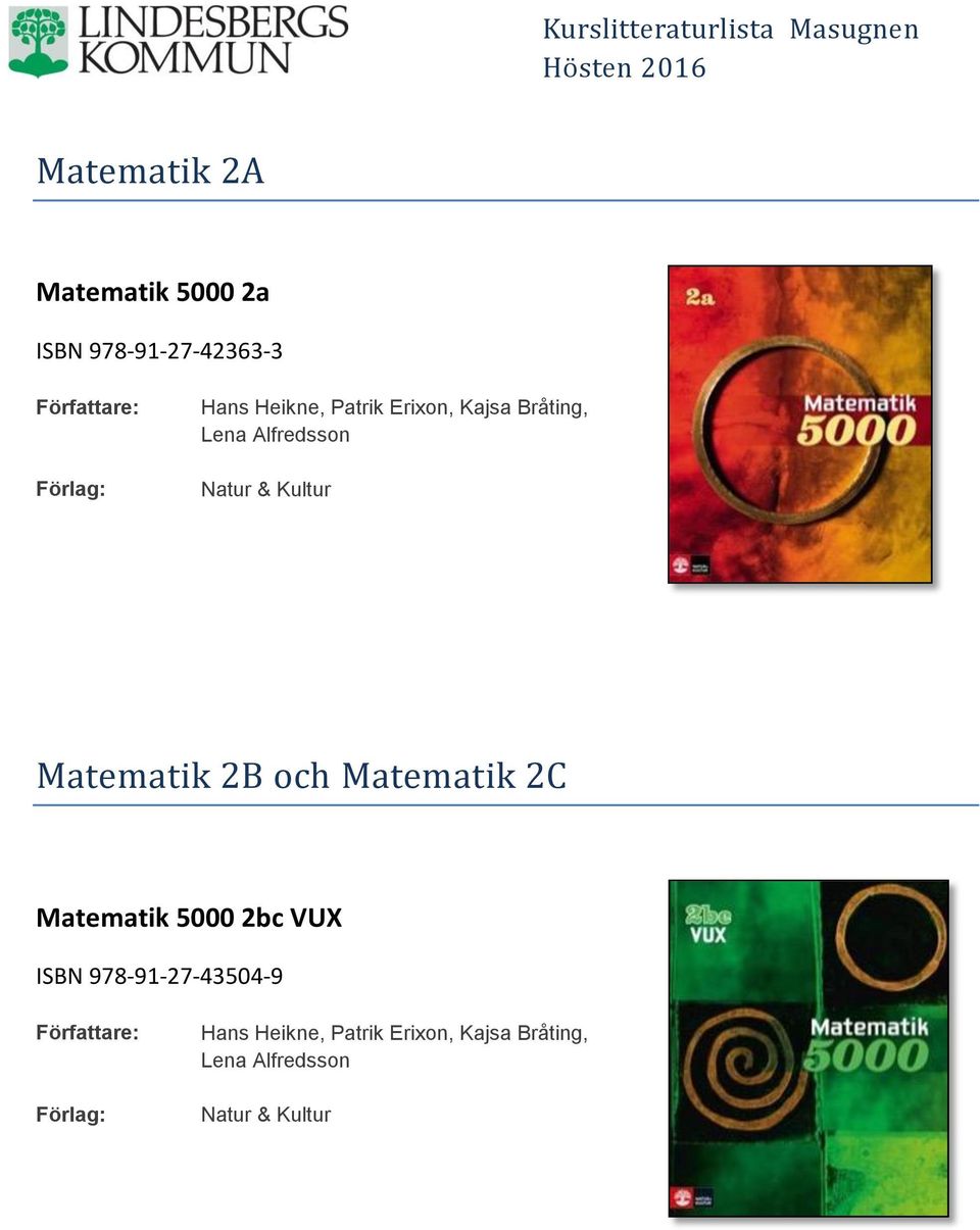 Matematik 2B öch Matematik 2C Matematik 5000 2bc VUX ISBN