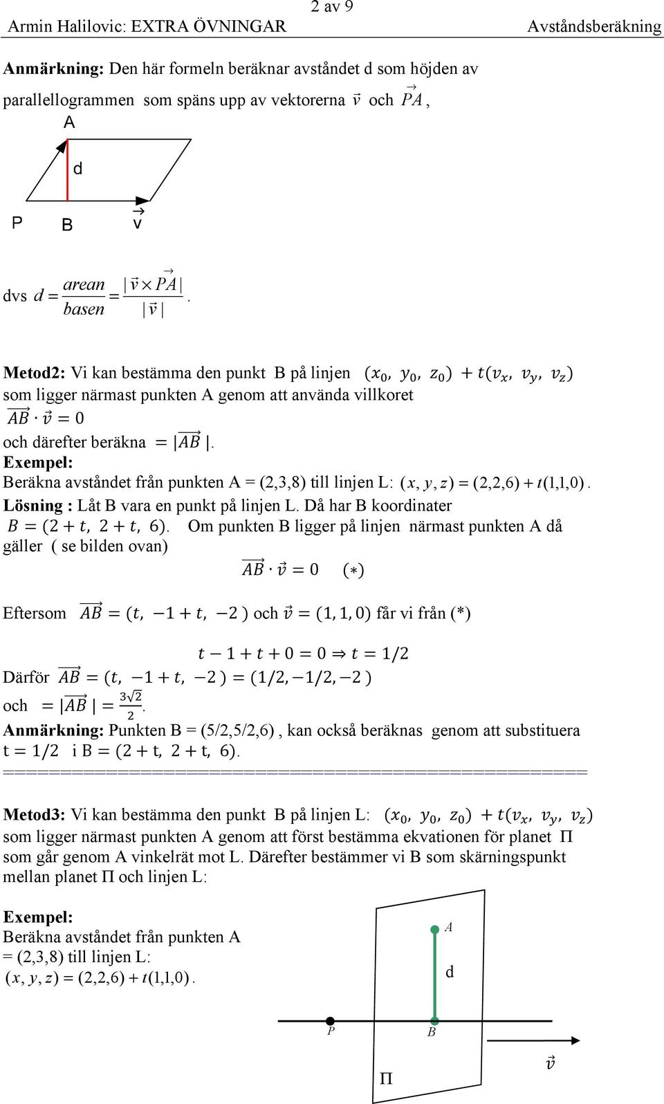 Lösning : Låt B vaa en punkt på linjen L Då ha B kooinate,, 6 Om punkten B ligge på linjen nämast punkten A å gälle ( se bilen ovan) 0 Eftesom, 1, och 1,1,0 få vi fån (*) 1 0 0 1/ Däfö, 1, 1/, 1/,