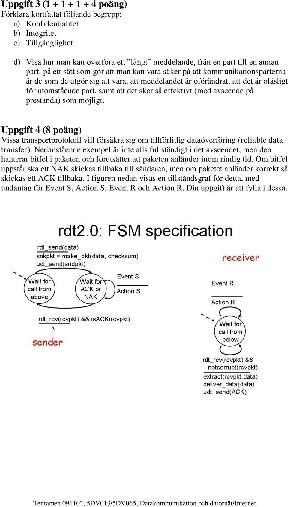 sker så effektivt (med avseende på prestanda) som möjligt. Uppgift 4 (8 poäng) Vissa transportprotokoll vill försäkra sig om tillförlitlig dataöverföring (reliable data transfer).