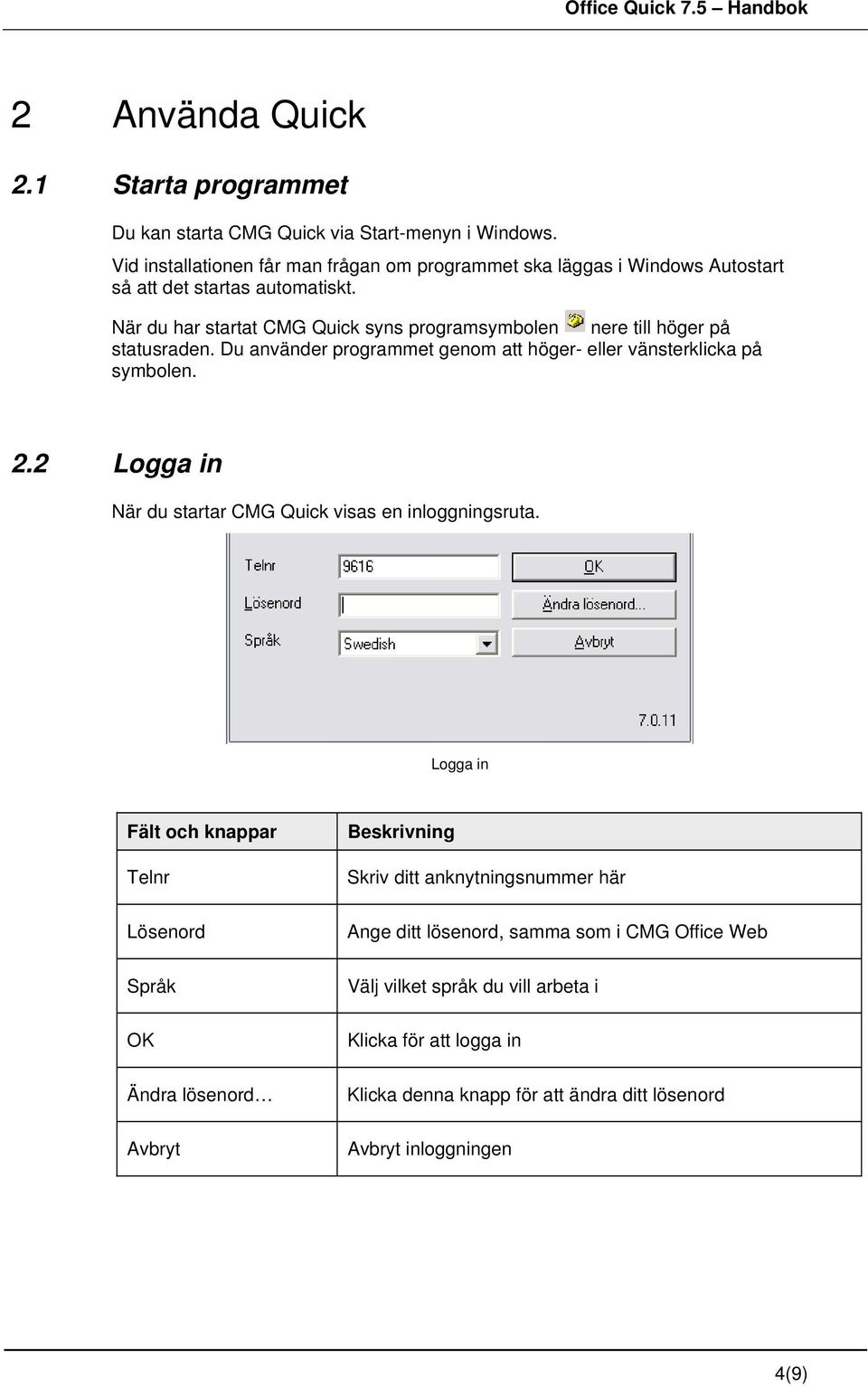 När du har startat CMG Quick syns programsymbolen nere till höger på statusraden. Du använder programmet genom att höger- eller vänsterklicka på symbolen. 2.