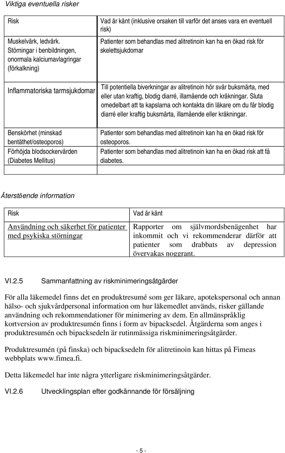 (inklusive orsaken till varför det anses vara en eventuell risk) Patienter som behandlas med alitretinoin kan ha en ökad risk för skelettsjukdomar Till potentiella biverkningar av alitretinoin hör