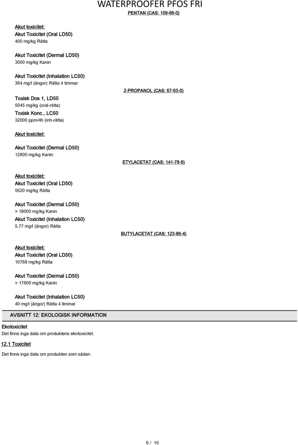 , LC50 32000 ppm/4h (inh-råtta) 2-PROPANOL (CAS: 67-63-0) Akut toxicitet: Akut Toxicitet (Dermal LD50) 12800 mg/kg Kanin ETYLACETAT (CAS: 141-78-6) Akut toxicitet: Akut Toxicitet (Oral LD50) 5620