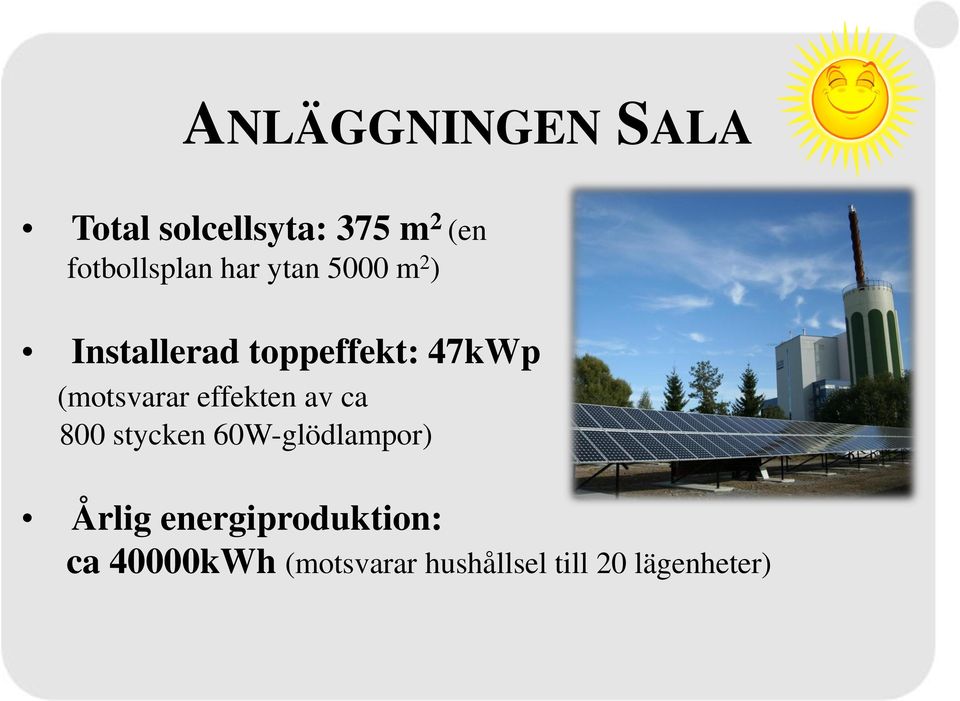 47kWp (motsvarar effekten av ca 800 stycken 60W-glödlampor)