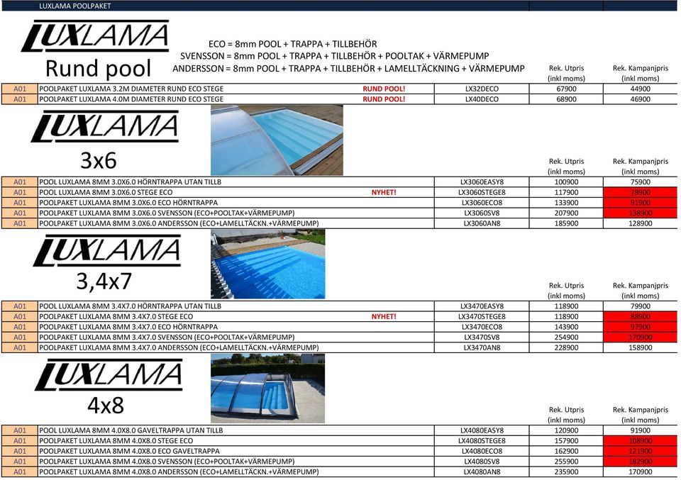 0 HÖRNTRAPPA UTAN TILLB LX3060EASY8 100900 75900 A01 POOL LUXLAMA 8MM 3.0X6.0 STEGE ECO NYHET! LX3060STEGE8 117900 78900 A01 POOLPAKET LUXLAMA 8MM 3.0X6.0 ECO HÖRNTRAPPA LX3060ECO8 133900 91900 A01 POOLPAKET LUXLAMA 8MM 3.