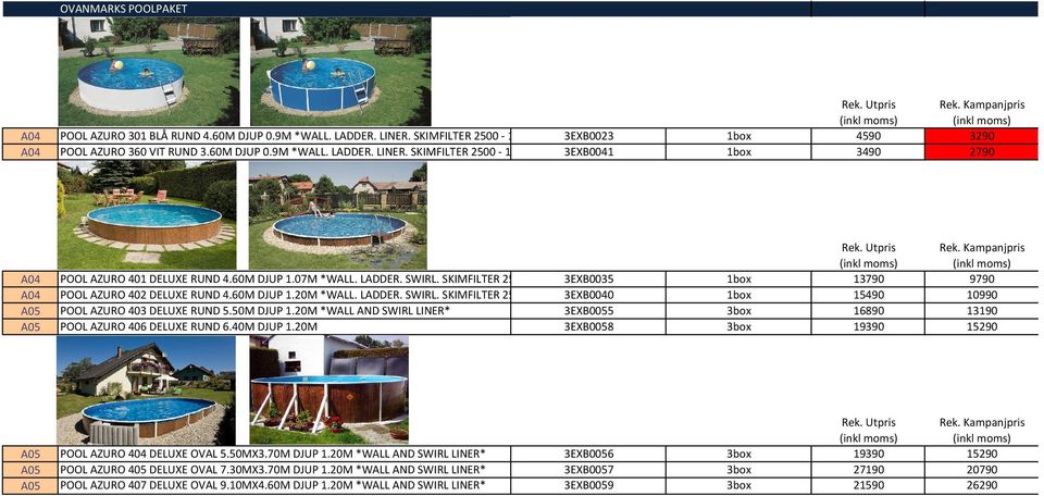 50M DJUP 1.20M *WALL AND SWIRL LINER* 3EXB0055 3box 16890 13190 A05 POOL AZURO 406 DELUXE RUND 6.40M DJUP 1.20M 3EXB0058 3box 19390 15290 A05 POOL AZURO 404 DELUXE OVAL 5.50MX3.70M DJUP 1.