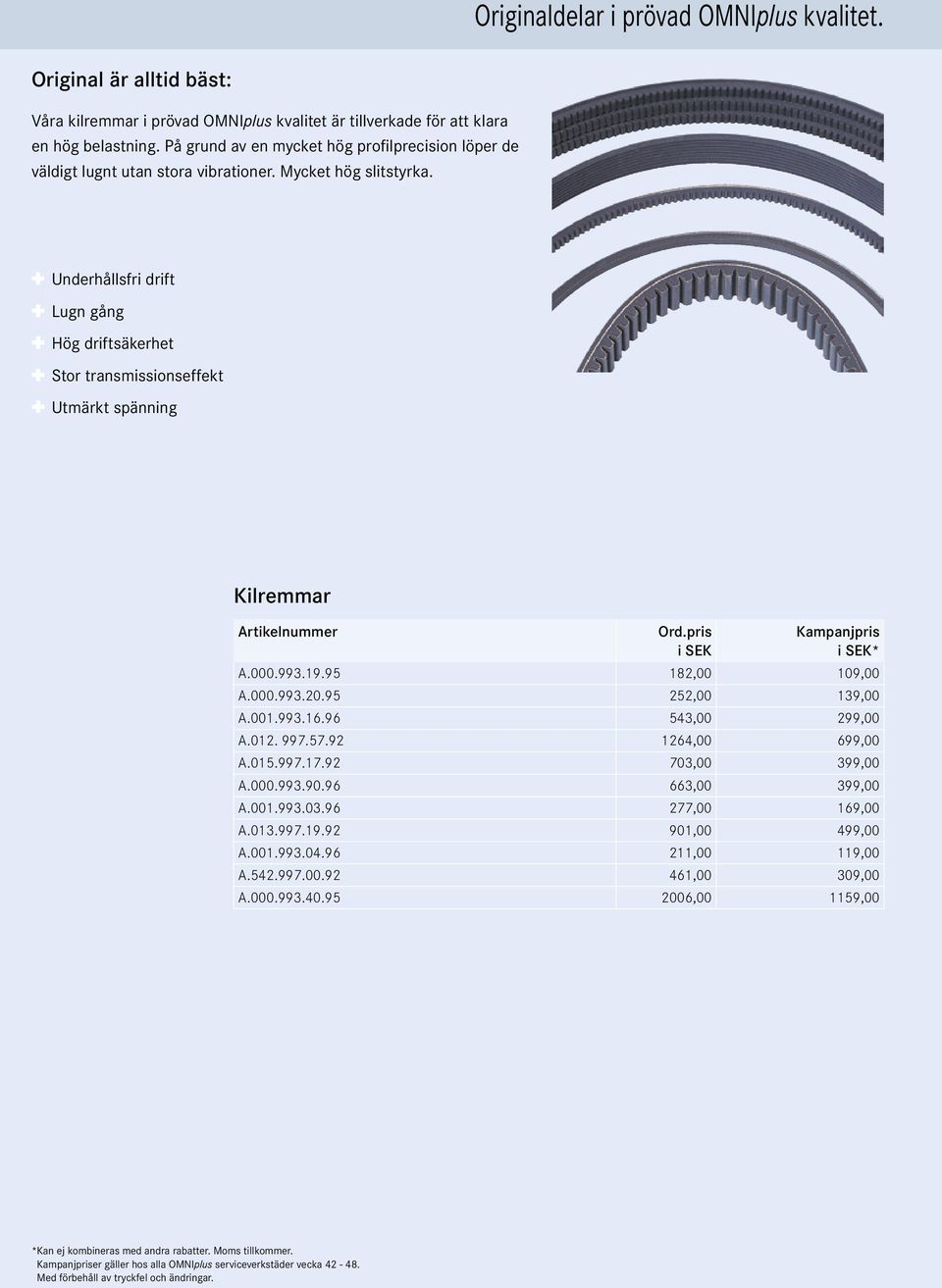 Underhållsfri drift Lugn gång Hög driftsäkerhet Stor transmissionseffekt Utmärkt spänning Kilremmar Artikelnummer Ord.pris * A.000.993.19.95 182,00 109,00 A.000.993.20.95 252,00 139,00 A.001.993.16.