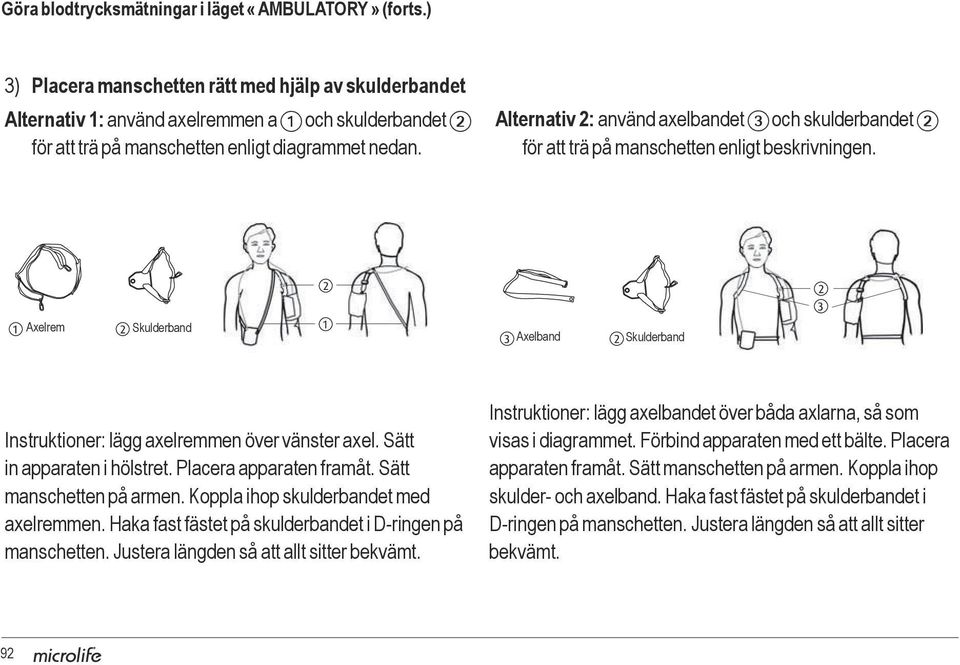 Alternativ 2: använd axelbandet 3 och skulderbandet 2 för att trä på manschetten enligt beskrivningen. Axelrem Skulderband Axelband Skulderband Instruktioner: lägg axelremmen över vänster axel.