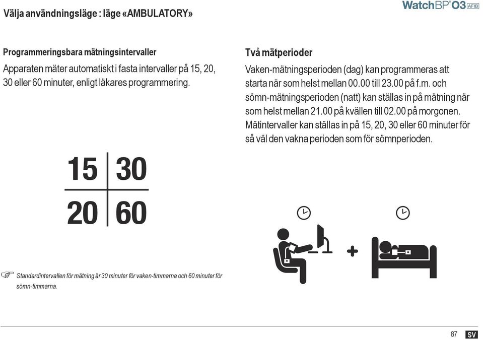 00 på kvällen till 02.00 på morgonen. Mätintervaller kan ställas in på 15, 20, 30 eller 60 minuter för så väl den vakna perioden som för sömnperioden.