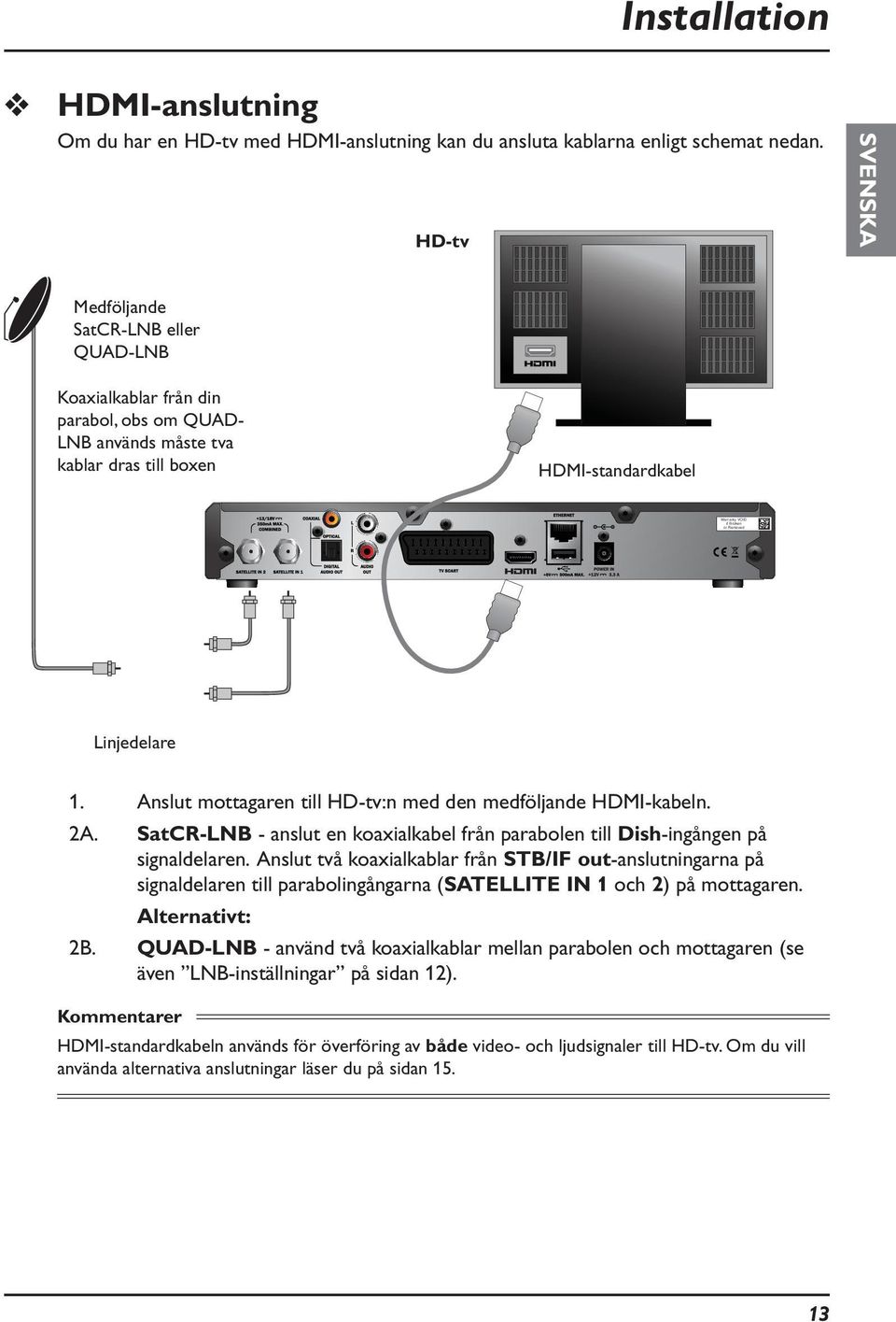 Anslut mottagaren till HD-tv:n med den medföljande HDMI-kabeln. 2A. SatCR-LNB - anslut en koaxialkabel från parabolen till Dish-ingången på signaldelaren.