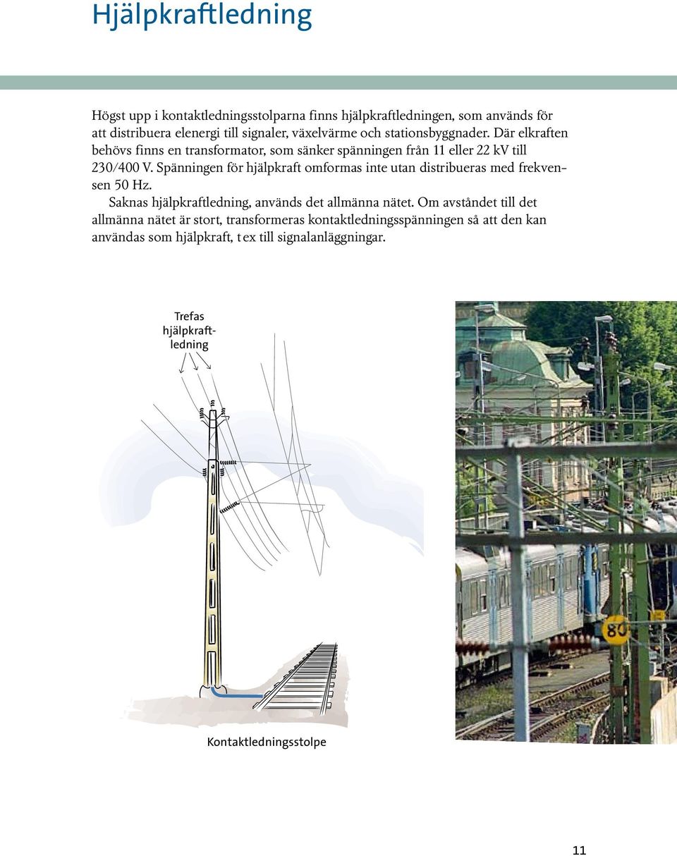 Spänningen för hjälpkraft omformas inte utan distribueras med frekvensen 50 Hz. Saknas hjälpkraftledning, används det allmänna nätet.