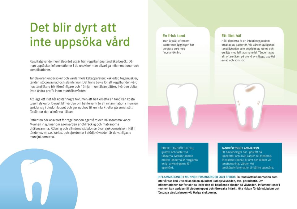 Det finns bevis för att regelbunden vård hos tandläkare blir förmånligare och främjar munhälsan bättre. I vården deltar även andra proffs inom munhälsovården.