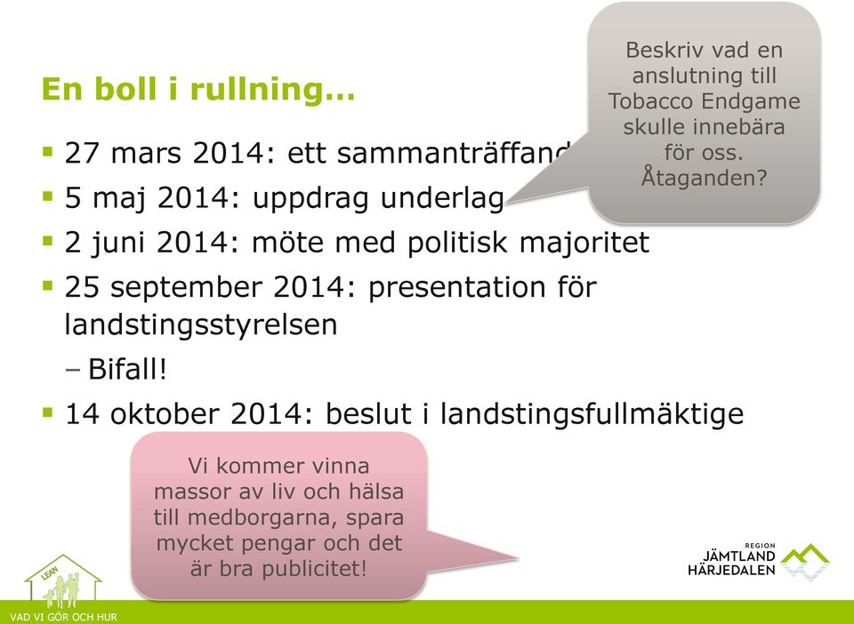 2 juni 2014: möte med politisk majoritet 25 september 2014: presentation för landstingsstyrelsen Bifall!