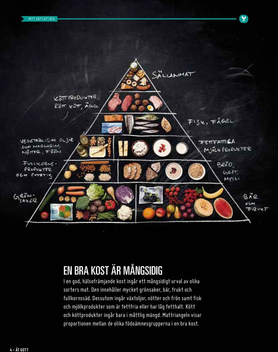 Dessutom ingår växtoljor, nötter och frön samt fisk och mjölkprodukter som är fettfria eller har låg fetthalt.