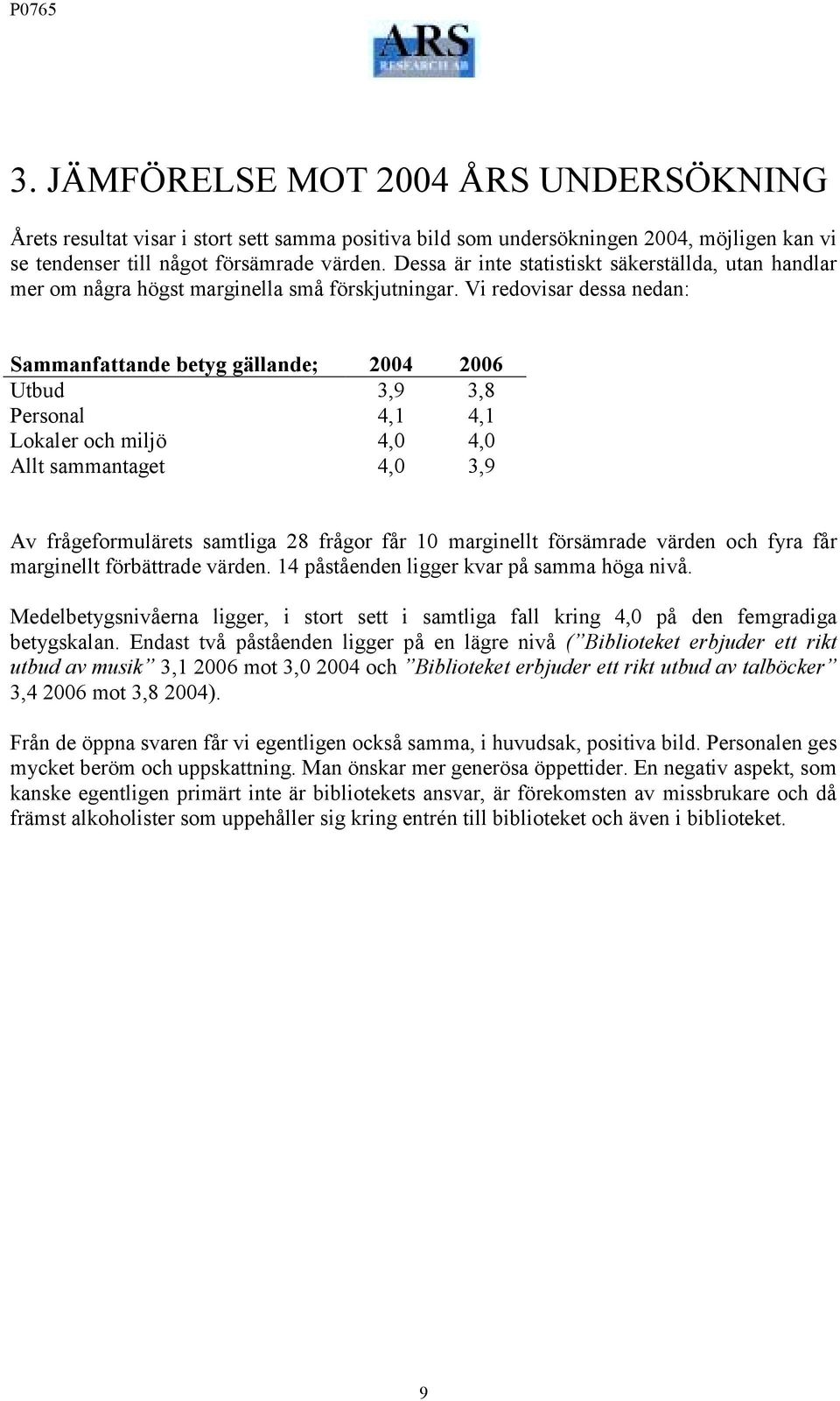 Vi redovisar dessa nedan: Sammanfattande betyg gällande; 2004 2006 Utbud 3,9 3,8 Personal 4,1 4,1 Lokaler och miljö 4,0 4,0 Allt sammantaget 4,0 3,9 Av frågeformulärets samtliga 28 frågor får 10