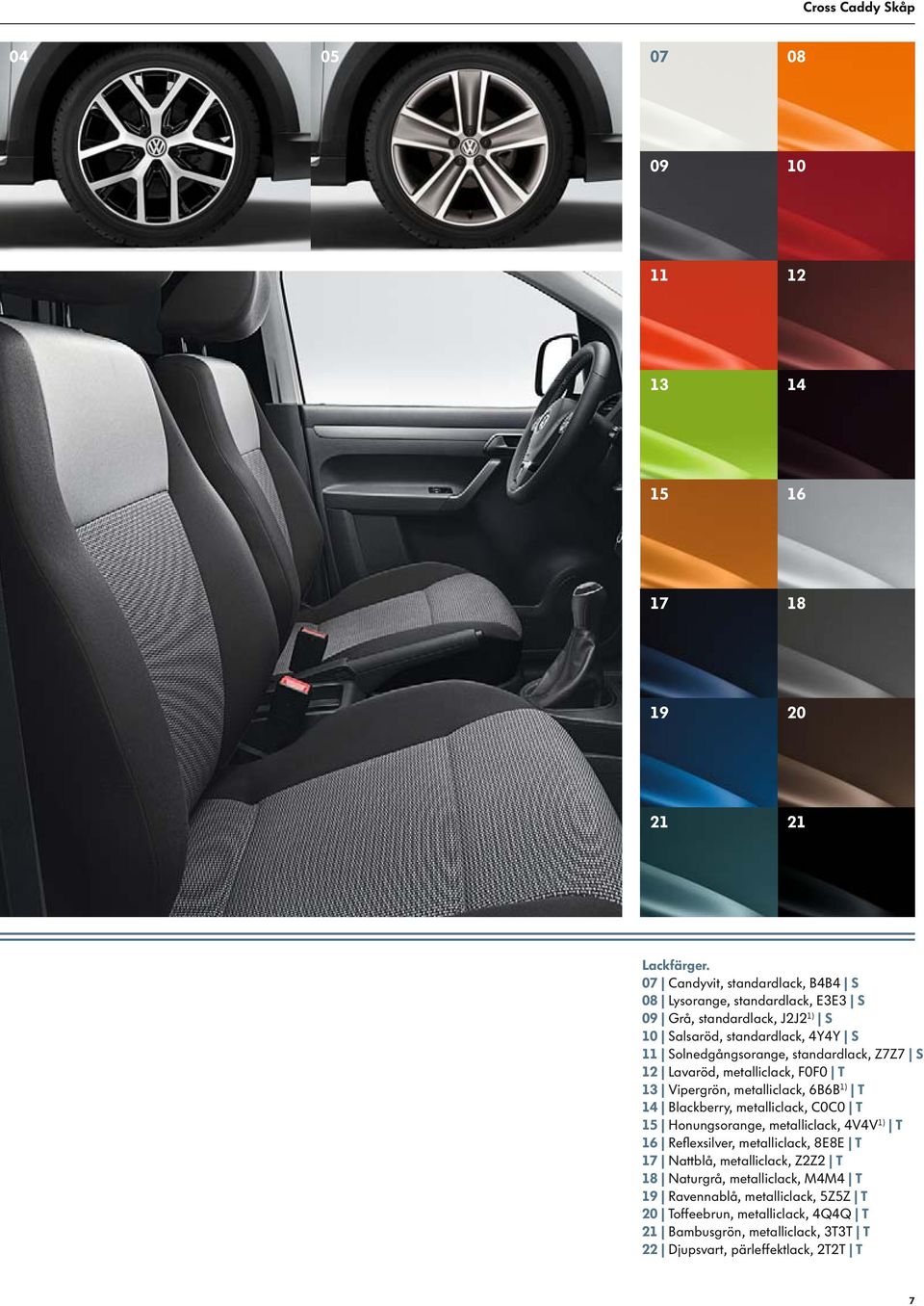 standardlack, Z7Z7 S 12 Lavaröd, metalliclack, F0F0 T 13 Vipergrön, metalliclack, 6B6B 1) T 14 Blackberry, metalliclack, C0C0 T 15 Honungsorange, metalliclack, 4V4V
