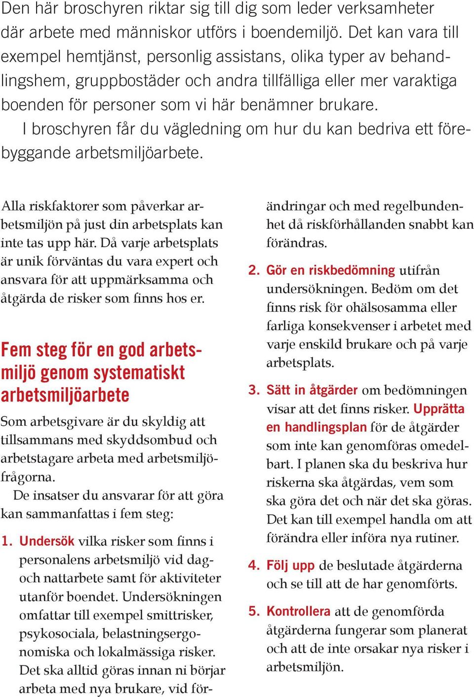 I broschyren får du vägledning om hur du kan bedriva ett förebyggande arbetsmiljöarbete. Alla riskfaktorer som påverkar arbetsmiljön på just din arbetsplats kan inte tas upp här.