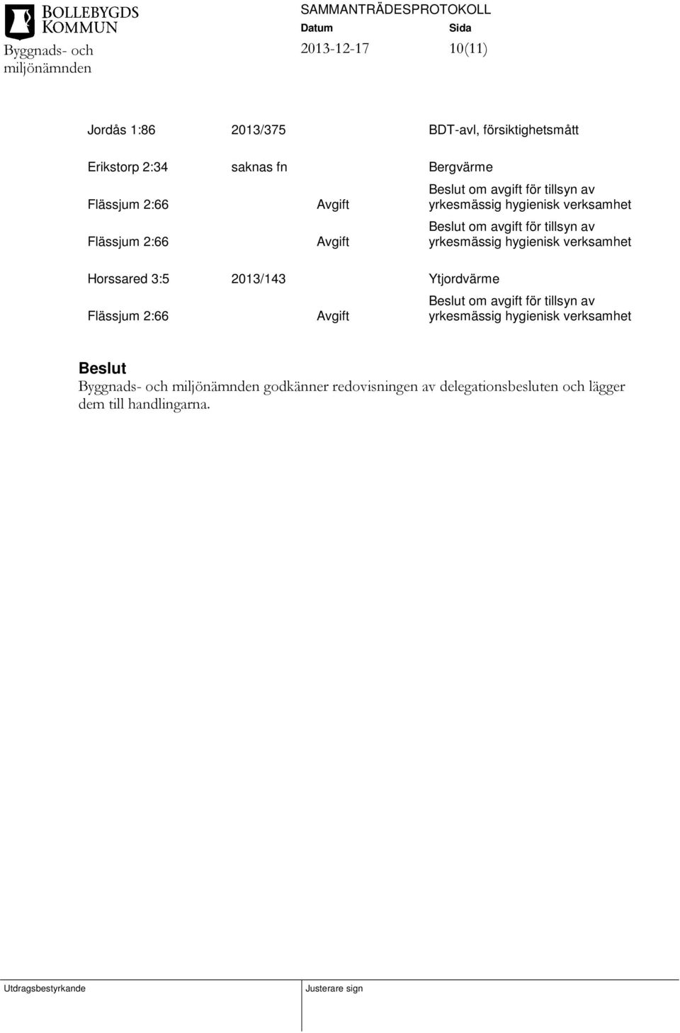 yrkesmässig hygienisk verksamhet Horssared 3:5 2013/143 Ytjordvärme Flässjum 2:66 Avgift Beslut om avgift för tillsyn av