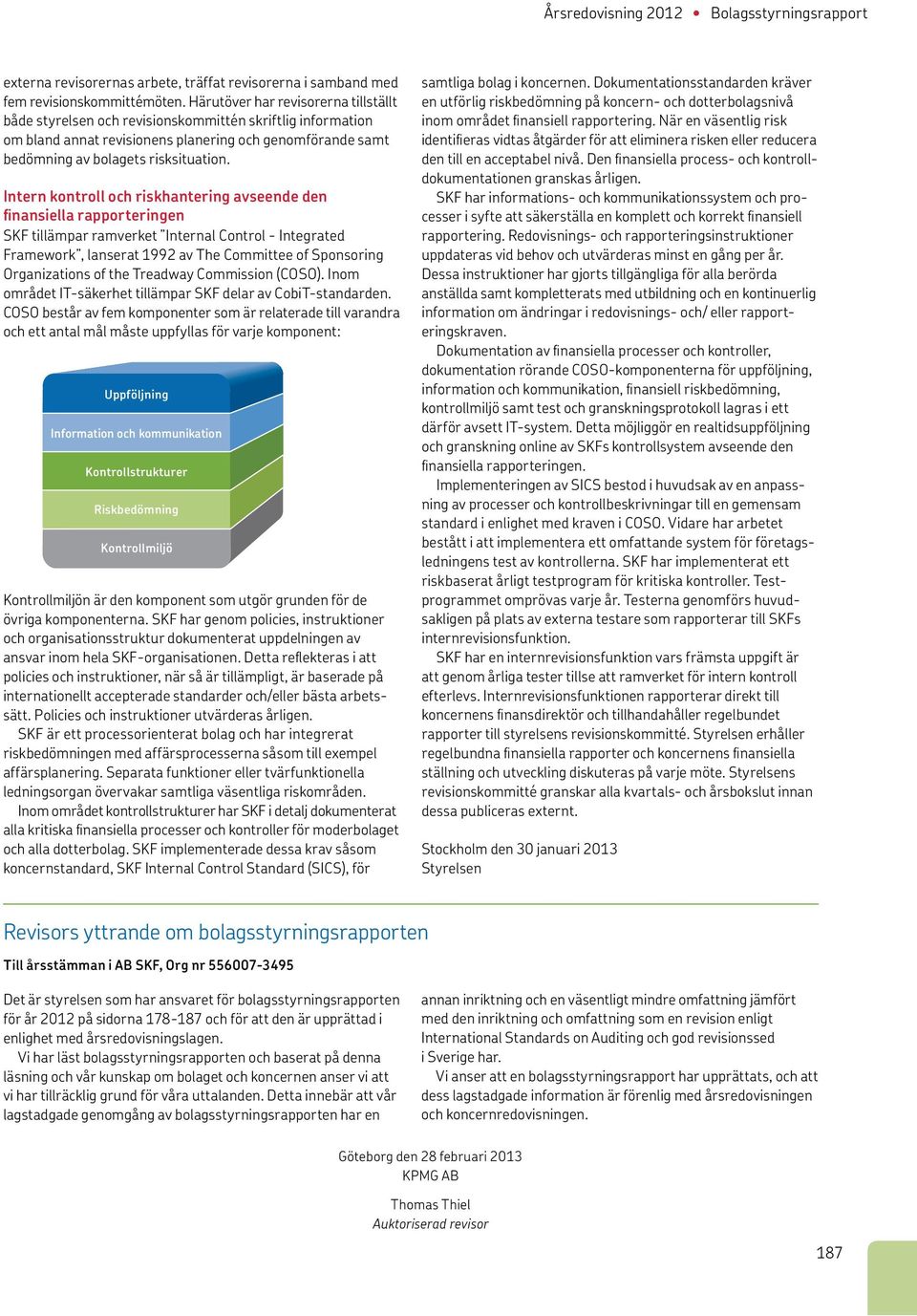 Intern kontroll och riskhantering avseende den finansiella rapporteringen SKF tillämpar ramverket Internal Control - Integrated Framework, lanserat 1992 av The Committee of Sponsoring Organizations