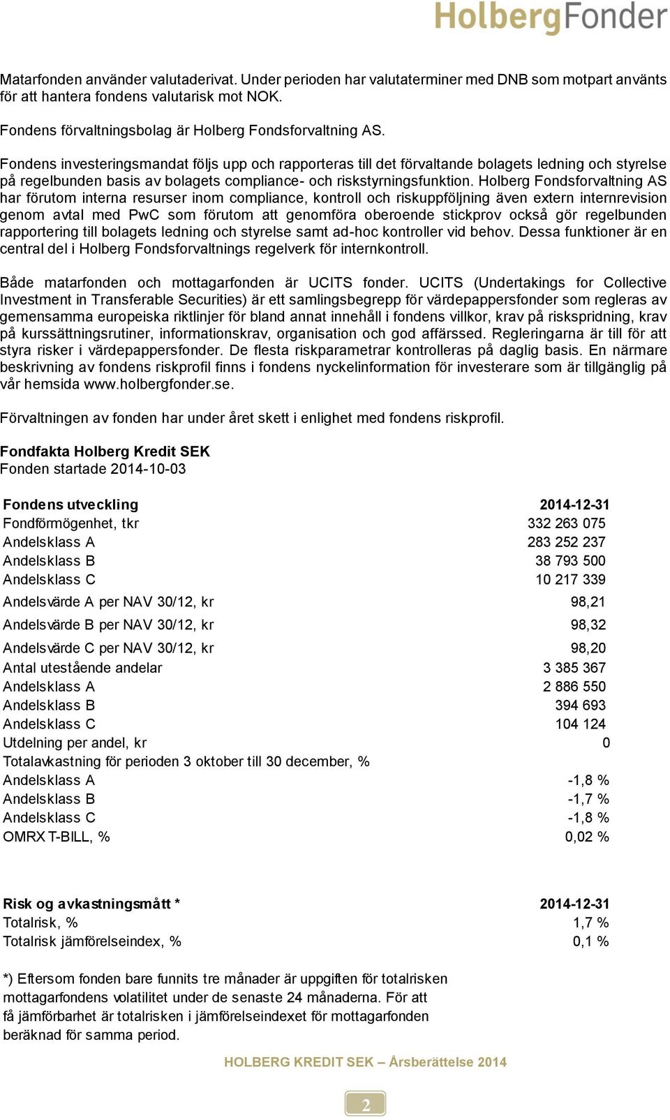 Holberg Fondsforvaltning AS har förutom interna resurser inom compliance, kontroll och riskuppföljning även extern internrevision genom avtal med PwC som förutom att genomföra oberoende stickprov