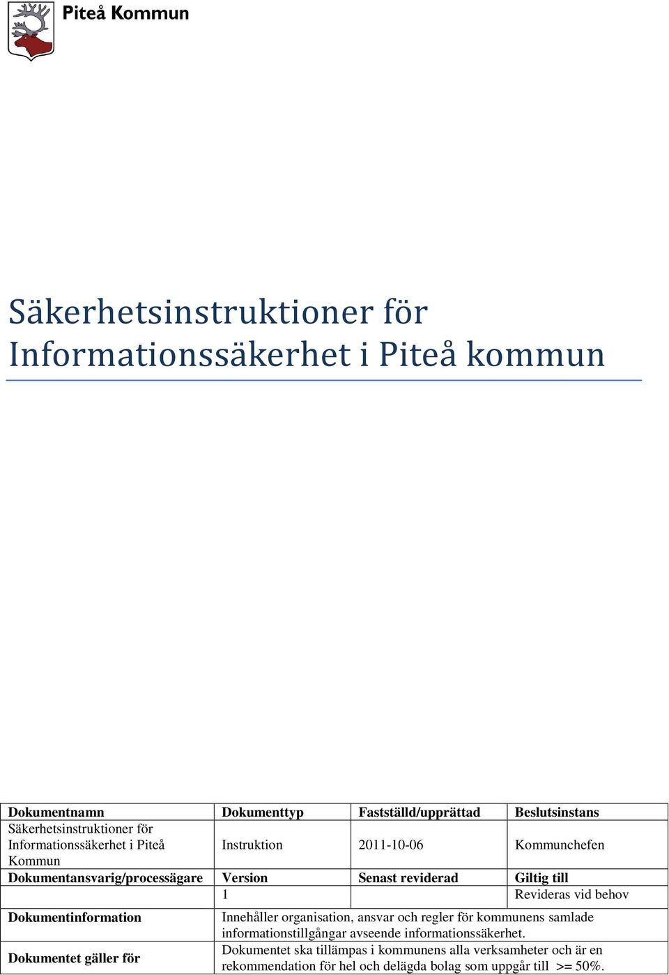 vid behov Dokumentinformation Innehåller organisation, ansvar och regler för kommunens samlade informationstillgångar avseende informationssäkerhet.