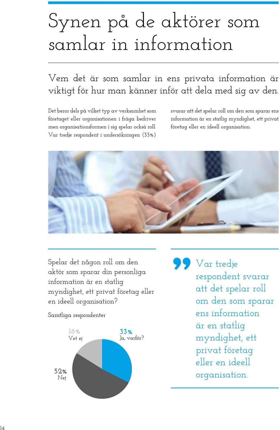 Var tredje respondent i undersökningen (33%) svarar att det spelar roll om den som sparar ens information är en statlig myndighet, ett privat företag eller en ideell organisation.
