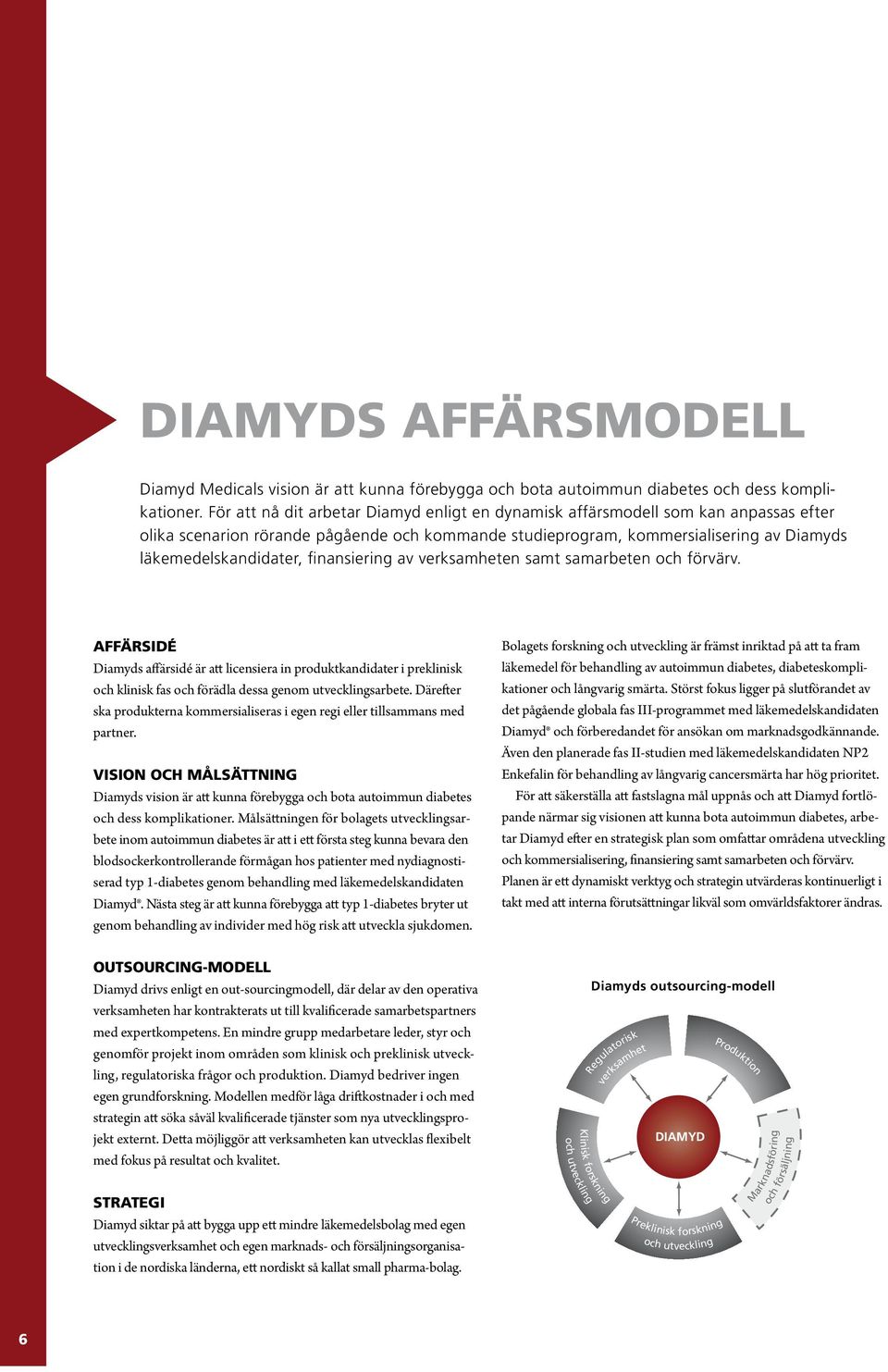 finansiering av verksamheten samt samarbeten och förvärv. AFFÄRSIDÉ Diamyds affärsidé är att licensiera in produktkandidater i preklinisk och klinisk fas och förädla dessa genom utvecklingsarbete.