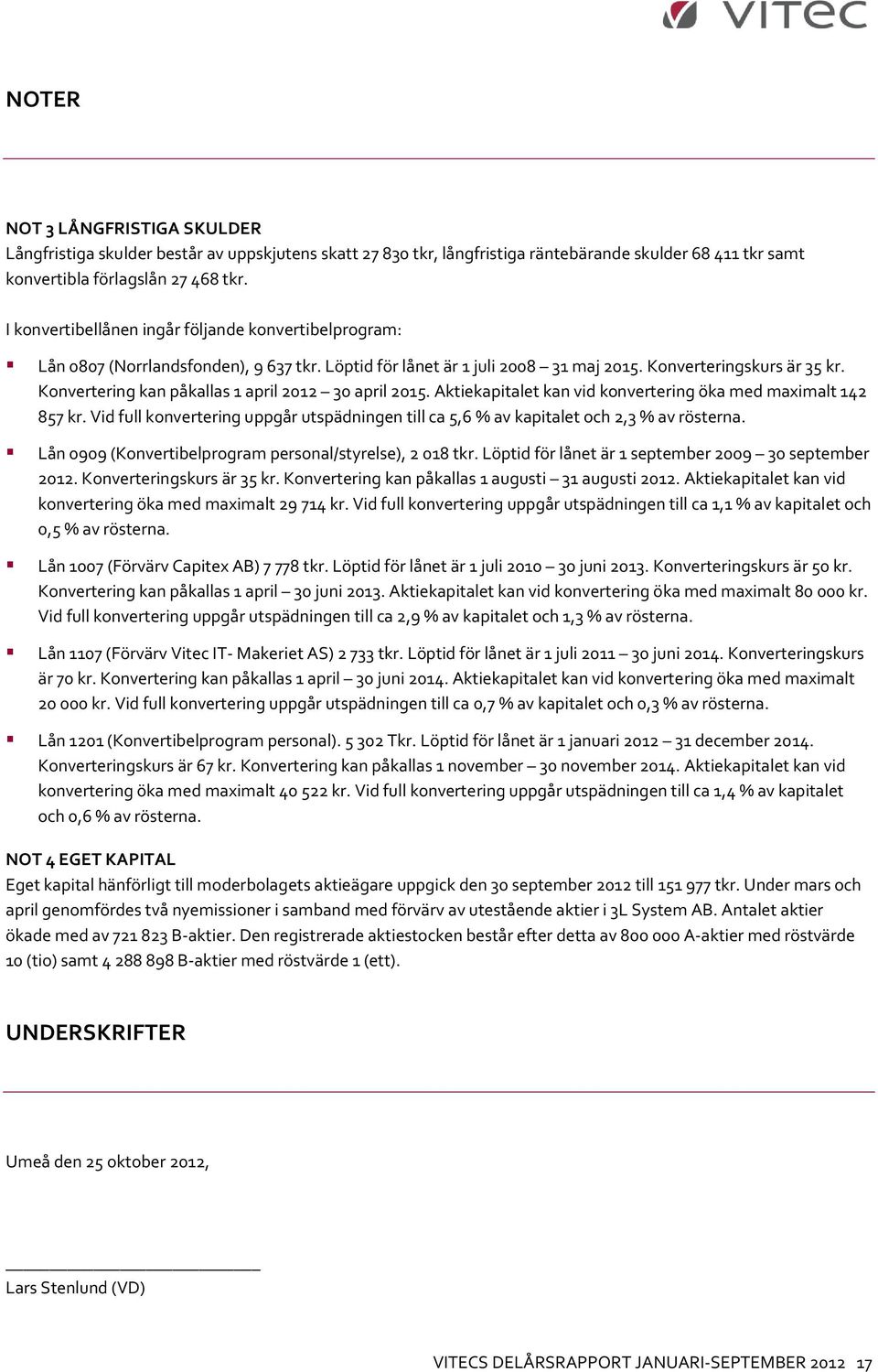 Konvertering kan påkallas 1 april 2012 30 april 2015. Aktiekapitalet kan vid konvertering öka med maximalt 142 857 kr.