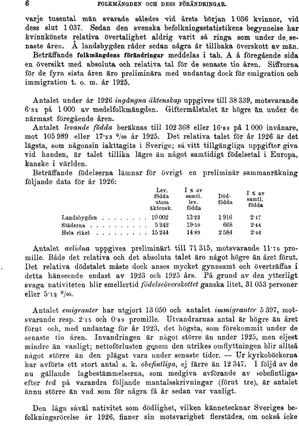 A landsbygden råder sedan några år tillbaka överskott av män. Beträffande folkmängdens förändringar meddelas i tab.