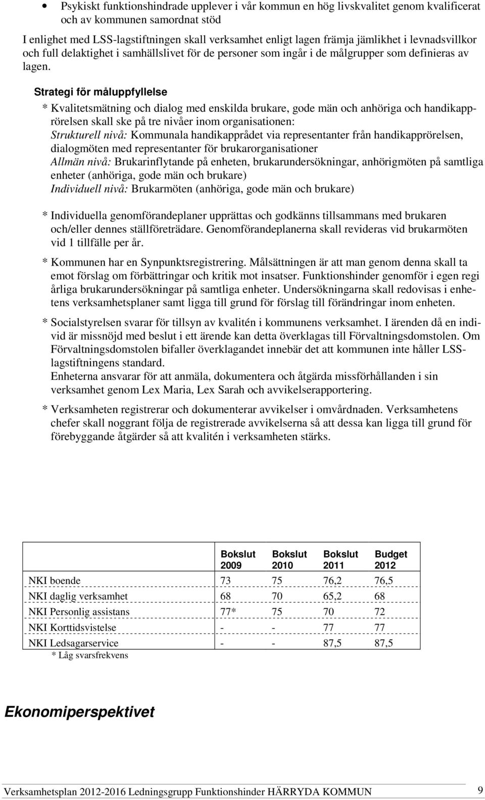 Strategi för måluppfyllelse * Kvalitetsmätning och dialog med enskilda brukare, gode män och anhöriga och handikapprörelsen skall ske på tre nivåer inom organisationen: Strukturell nivå: Kommunala
