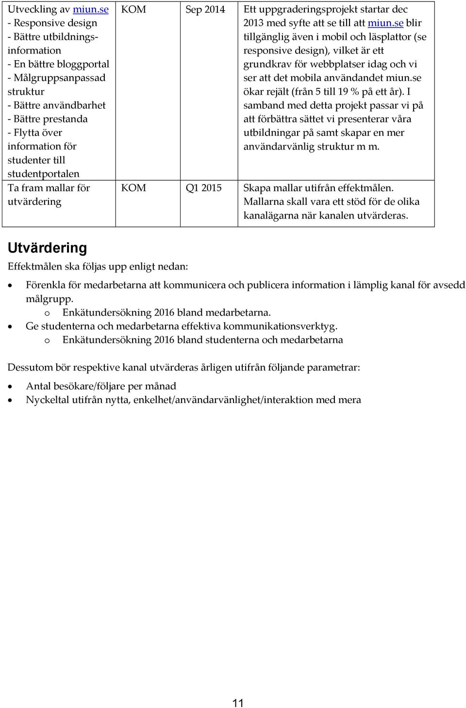 Taframmallarför utvärdering KOM Sep2014 Ettuppgraderingsprojektstartardec 2013medsyfteattsetillattmiun.