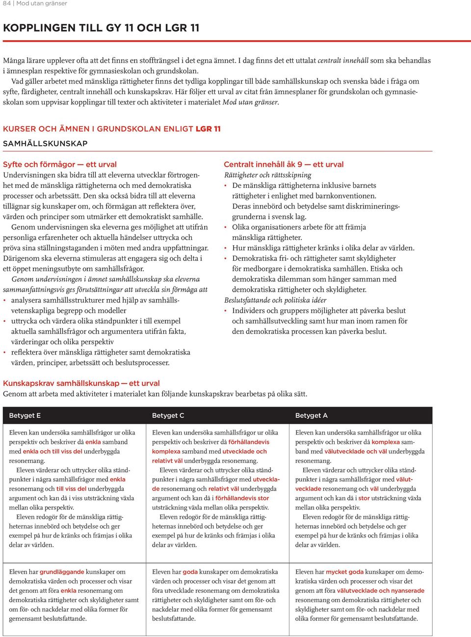 Vad gäller arbetet med mänskliga rättigheter finns det tydliga kopplingar till både samhällskunskap och svenska både i fråga om syfte, färdigheter, centralt innehåll och kunskapskrav.